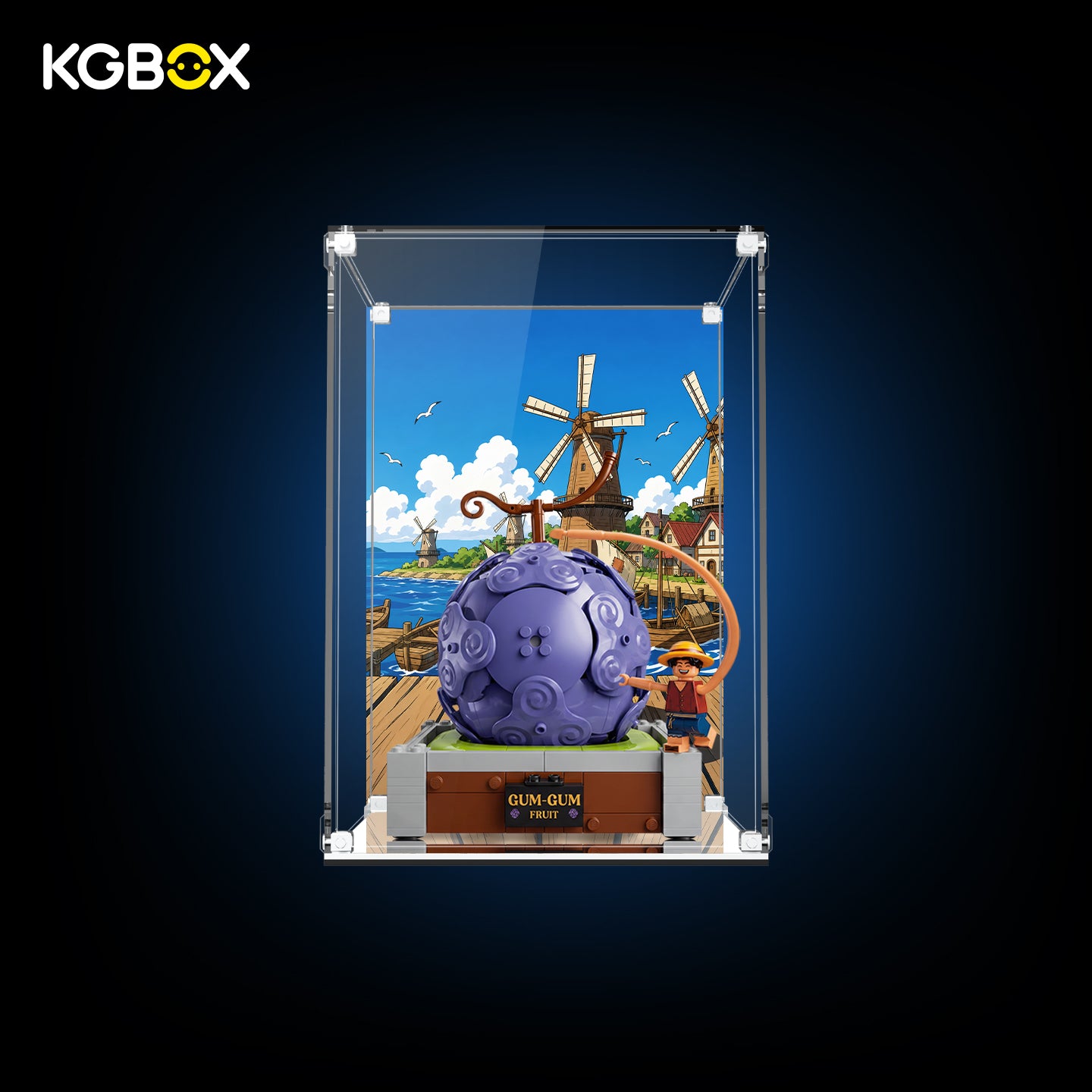 KGBOX Modular Assembly Edition acrylic display case loaded with LEGO 75647 Gum‑Gum Fruit, UV backplate, magnetic door and mirror base, front view