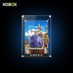KGBOX Premium Collector Modular Edition display case with LED lights, engraved nameplate & laser‑etched insert, loaded with LEGO 75647 Gum‑Gum Fruit, front lit view
