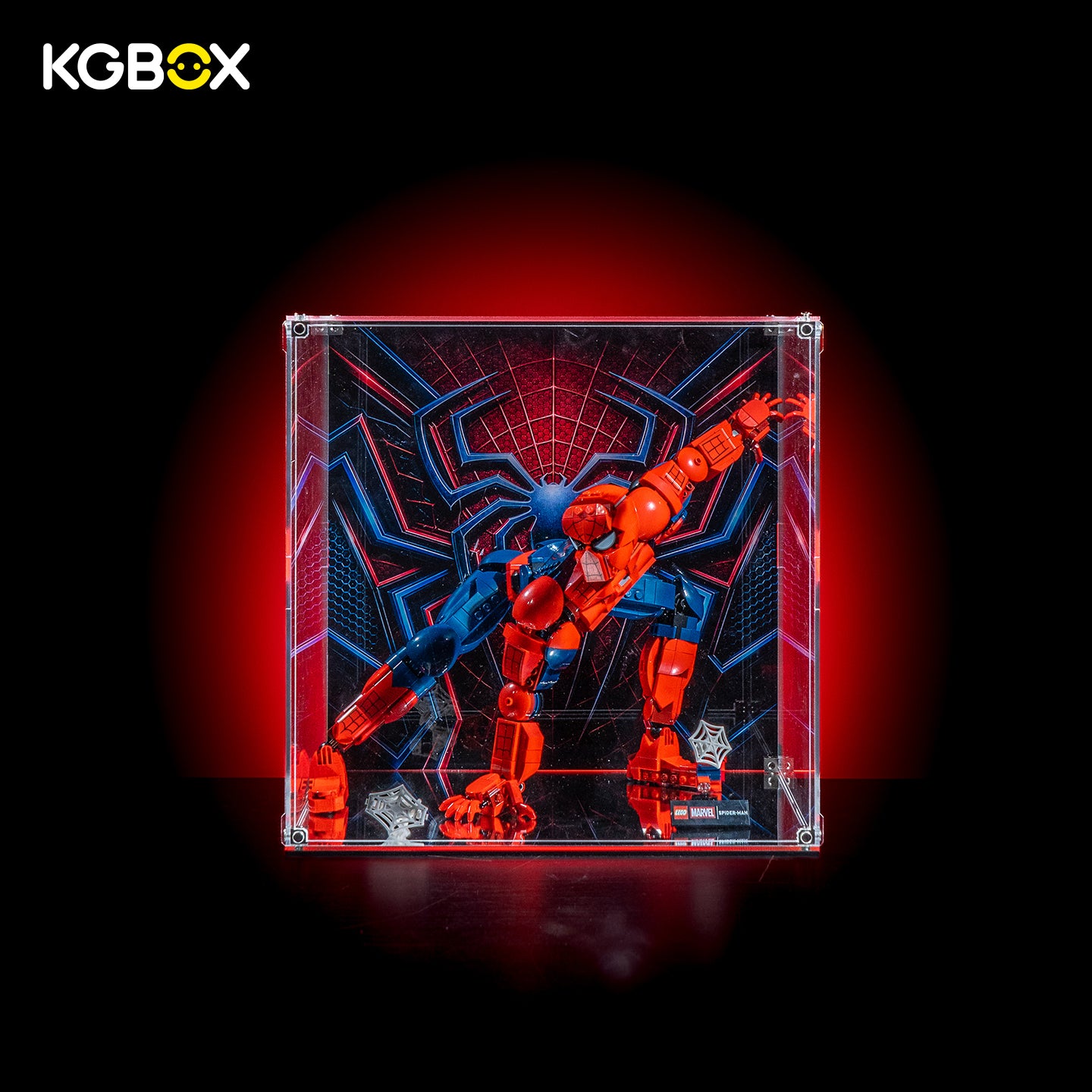KGBOX Modular Assembly Edition acrylic display case loaded with LEGO 76346 Spider‑Man Hero Figure, UV backplate, magnetic door and mirror base, front view