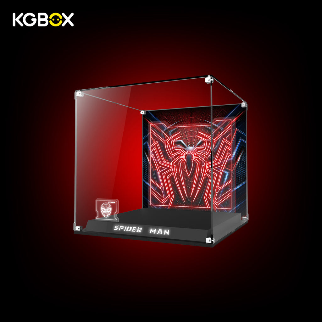Side profile of KGBOX Premium Collector Modular Edition lit display case for LEGO 76346 Spider‑Man Hero Figure