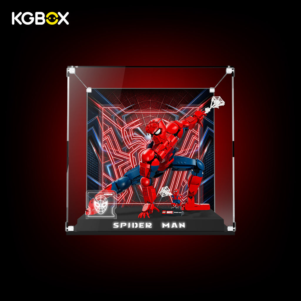 KGBOX Premium Collector Modular Edition display case with LED lights, engraved nameplate & laser‑etched insert, loaded with LEGO 76346 Spider‑Man Hero Figure, front lit view