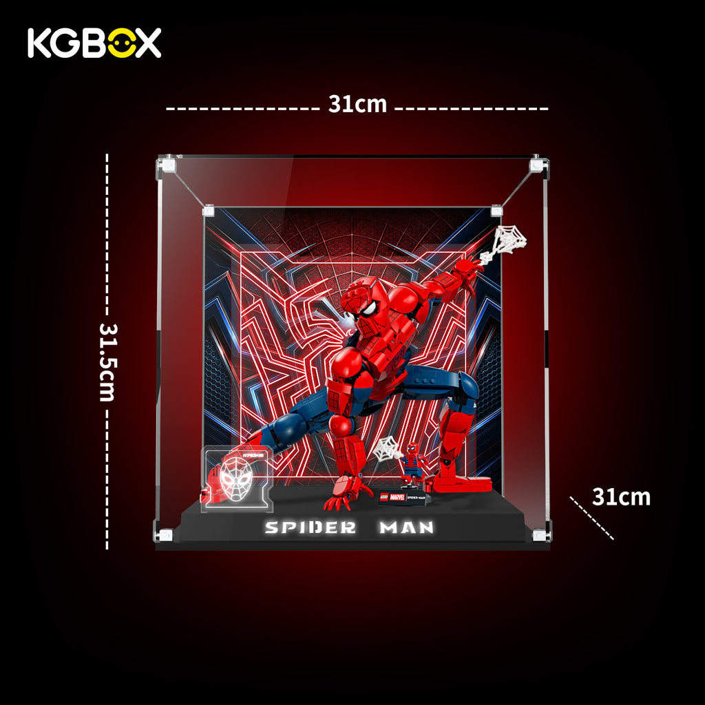 Size dimension chart and assembly reference for KGBOX display case for LEGO 76346 Spider‑Man Hero Figure