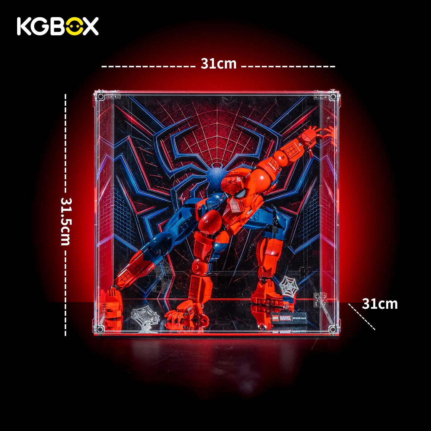 Size dimension chart and assembly reference for KGBOX display case for LEGO 76346 Spider‑Man 
