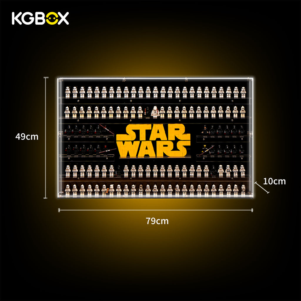 Size dimension chart and installation reference for KGBOX wall‑mount display case for LEGO 75407 and 124 Star Wars minifigures