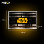 Size dimension chart and installation reference for KGBOX wall‑mount display case for LEGO 75407 and 124 Star Wars minifigures