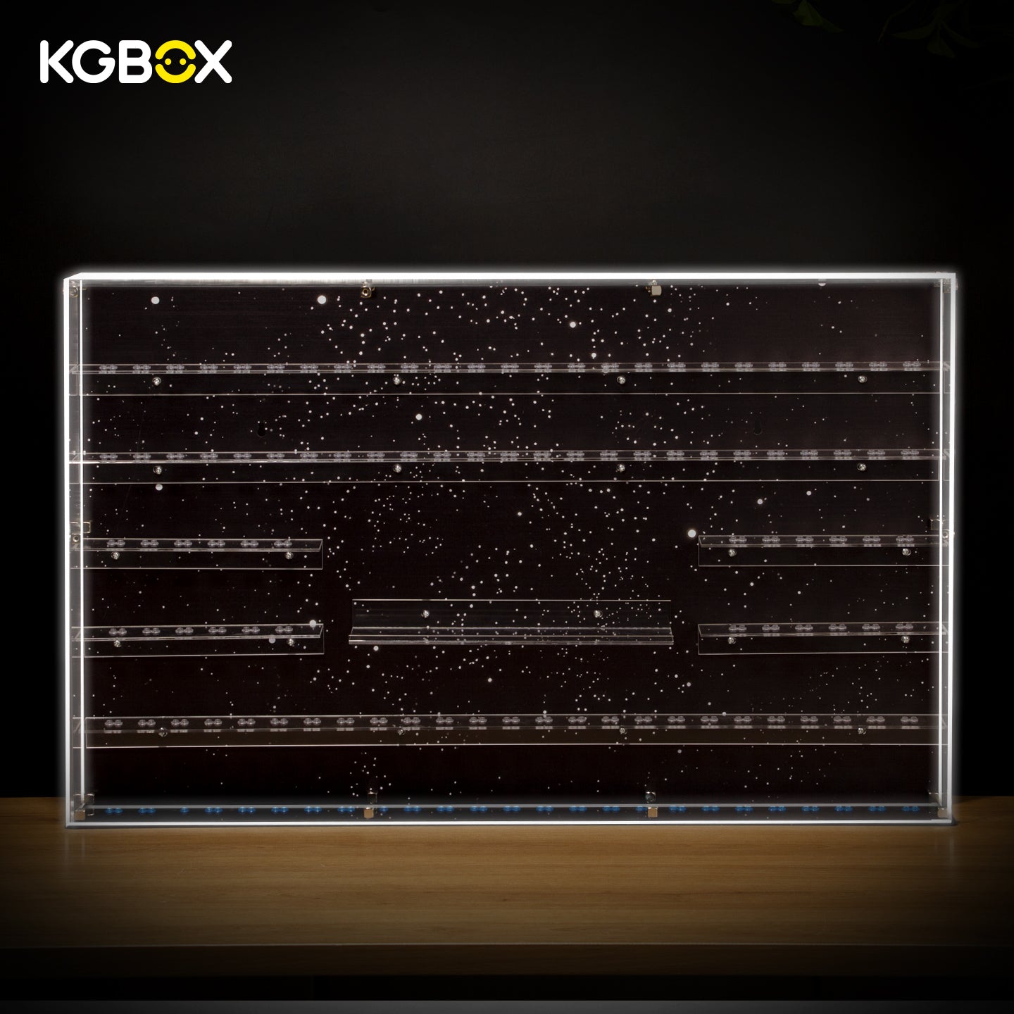 Empty KGBOX sLED wall‑mount acrylic 
showcase for LEGO75407 Star Wars logo and 124 Star Wars minifigures, front main view