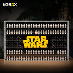 KGBOX LED wall‑mount acrylic display case with upgraded 5mm outer frame, LEGO 75407 Star Wars Logo and 124 Star Wars minifigures, lit front main view