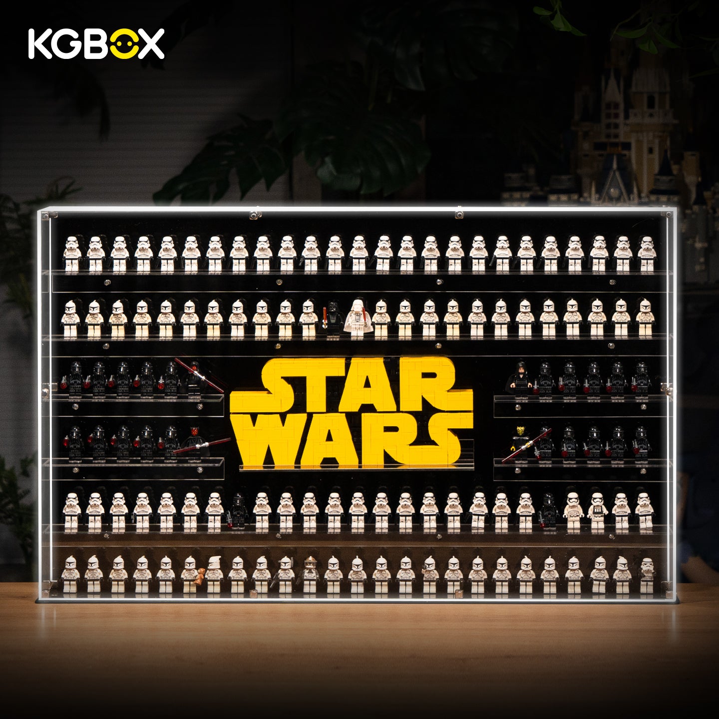 KGBOX LED wall‑mount acrylic display case with upgraded 5mm outer frame, LEGO 75407 Star Wars Logo and 124 Star Wars minifigures, lit front main view