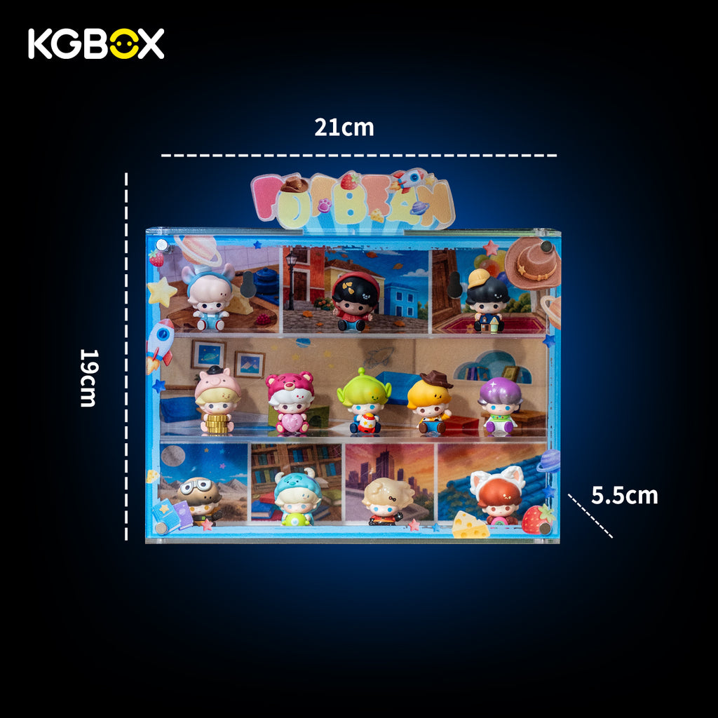 Official dimension size chart for splicable wall-mount acrylic display case compatible with POP MART DIMOO WORLD × PIXAR Pop Bean mini figures, complete external & internal size measurement markings
