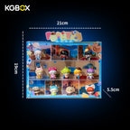 Official dimension size chart for splicable wall-mount acrylic display case compatible with POP MART DIMOO WORLD × PIXAR Pop Bean mini figures, complete external & internal size measurement markings