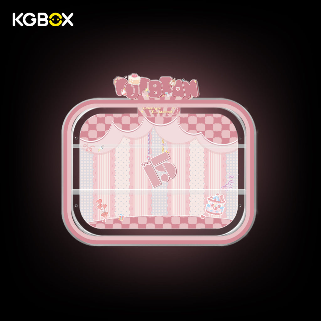 KGBOX wall & tabletop acrylic display case with POP MART Celebrate This Moment Pop Bean, magnetic front panel and custom UV printed themed backdrop