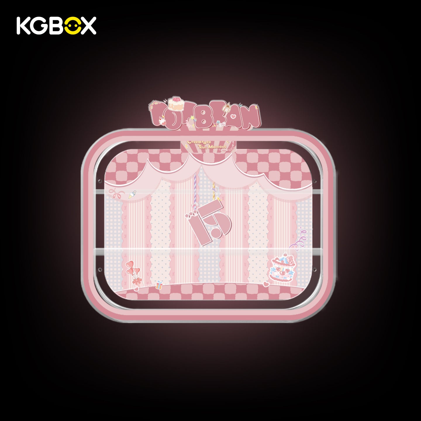 KGBOX wall & tabletop acrylic display case with POP MART Celebrate This Moment Pop Bean, magnetic front panel and custom UV printed themed backdrop