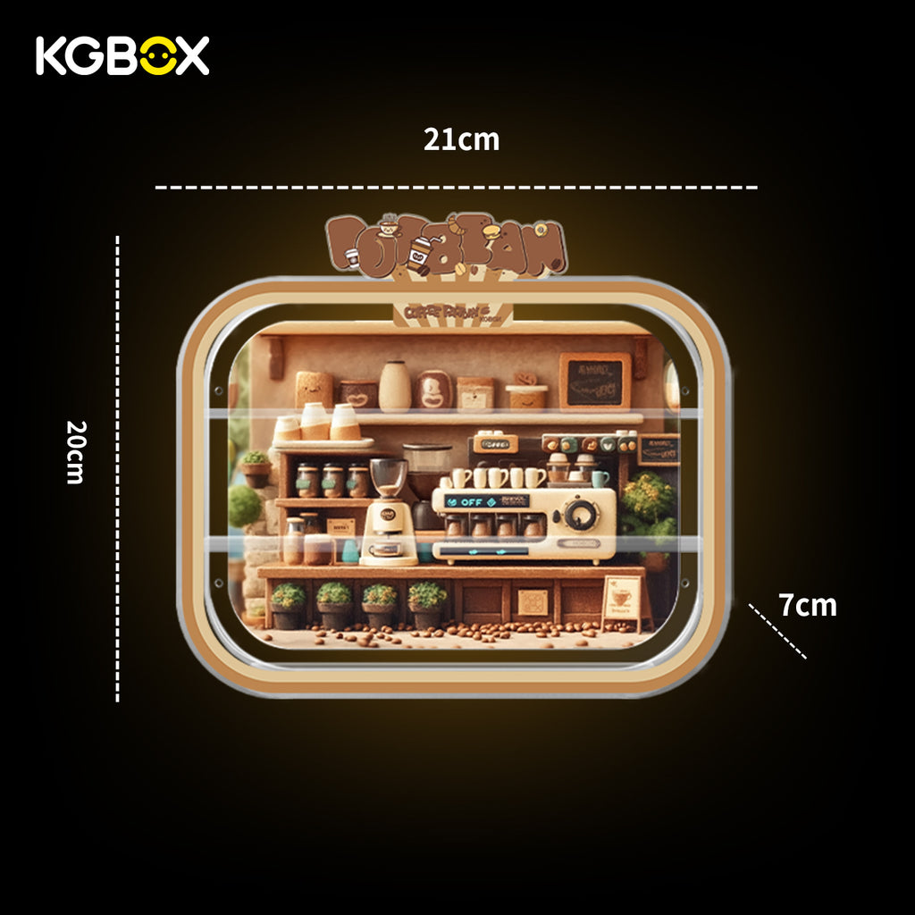 Official size dimension chart of KGBOX acrylic display case compatible with POP MART Coffee Factory Pop Bean blind box figures