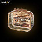 Side view of empty KGBOX acrylic display case for POP MART Coffee Factory Pop Bean, one-piece no assembly dual wall mount & tabletop showcase