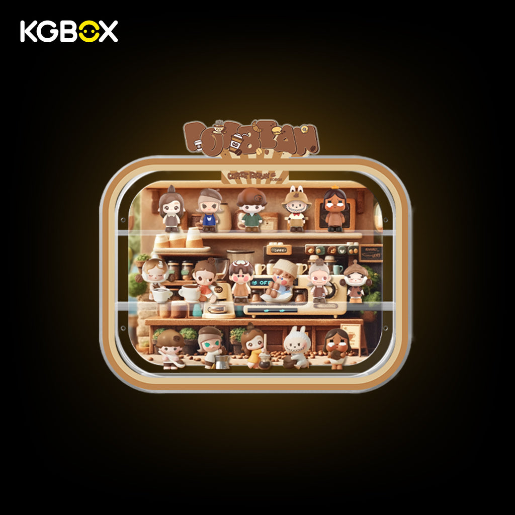 KGBOX wall & tabletop acrylic display case filled with POP MART Coffee Factory Pop Bean mini figures, magnetic front panel and custom UV printed themed backdrop