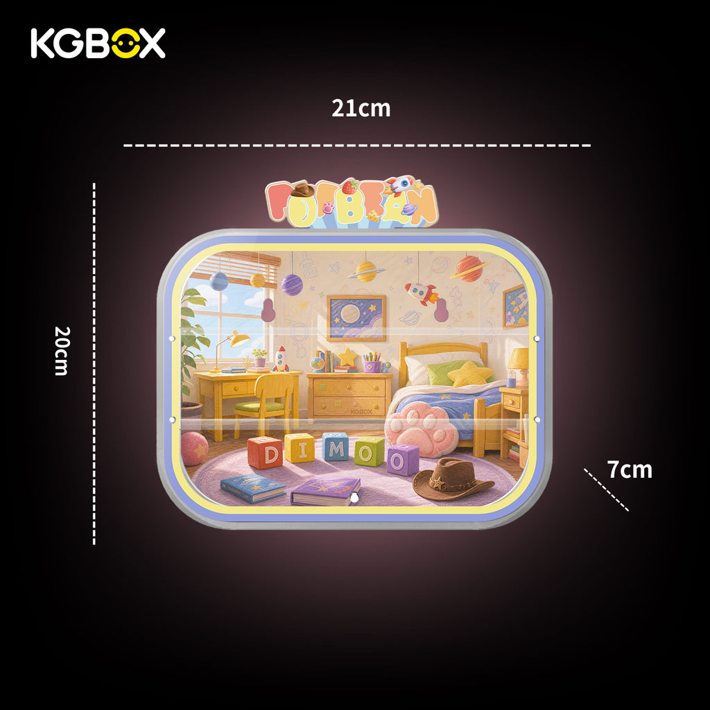 Official dimension size chart for KGBOX acrylic display case compatible with POP MART DIMOO Pixar Pop Bean blind box figures
