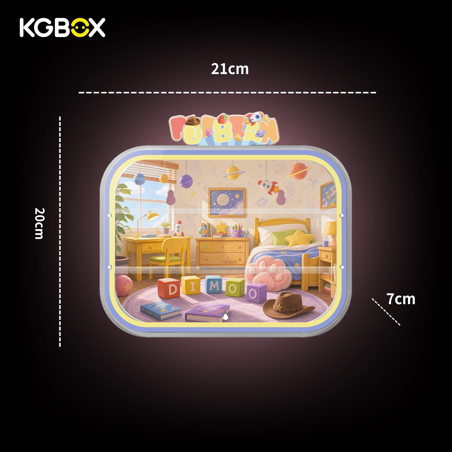 Official dimension size chart for KGBOX acrylic display case compatible with POP MART DIMOO Pixar Pop Bean blind box figures
