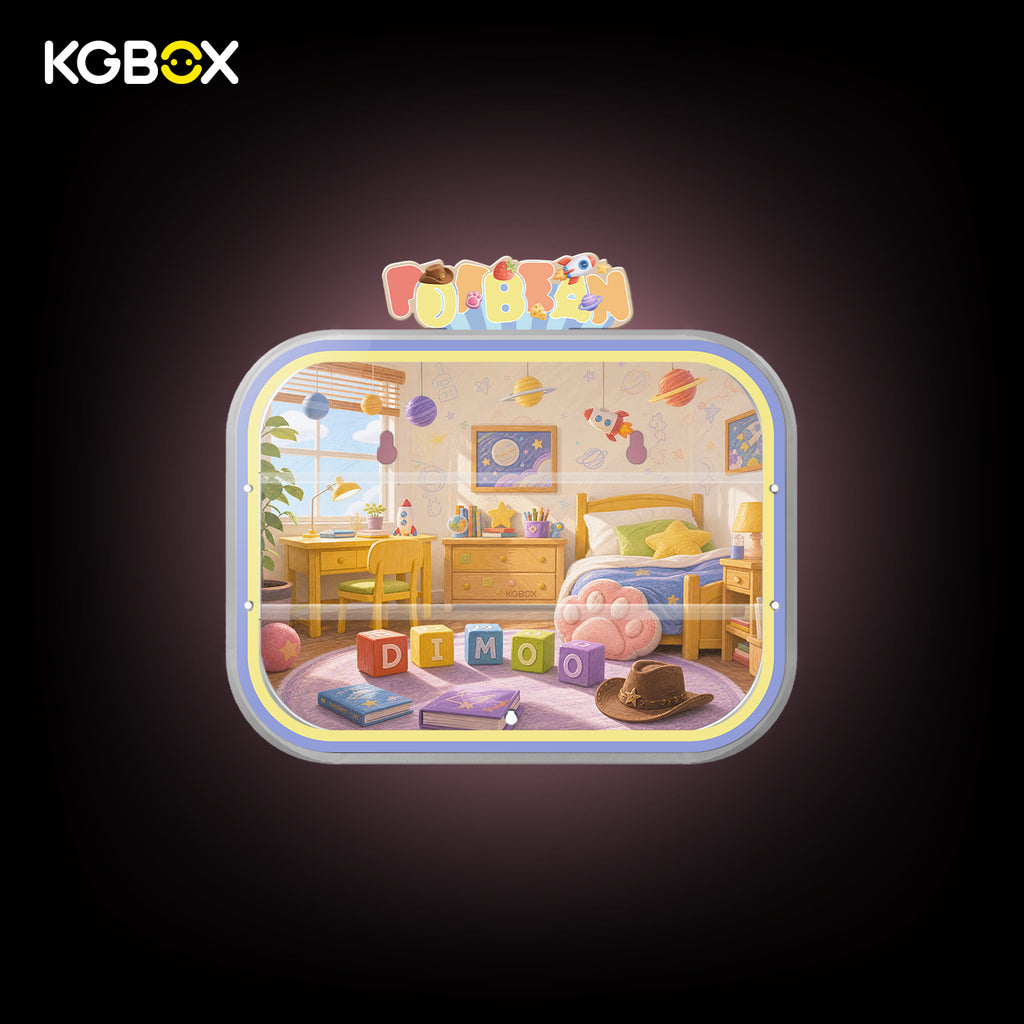 KGBOX wall & tabletop acrylic display case with POP MART DIMOO Pixar Pop Bean, magnetic front panel, custom UV printed Pixar themed backdrop