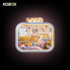 KGBOX wall & tabletop acrylic display case with POP MART DIMOO Pixar Pop Bean, magnetic front panel, custom UV printed Pixar themed backdrop