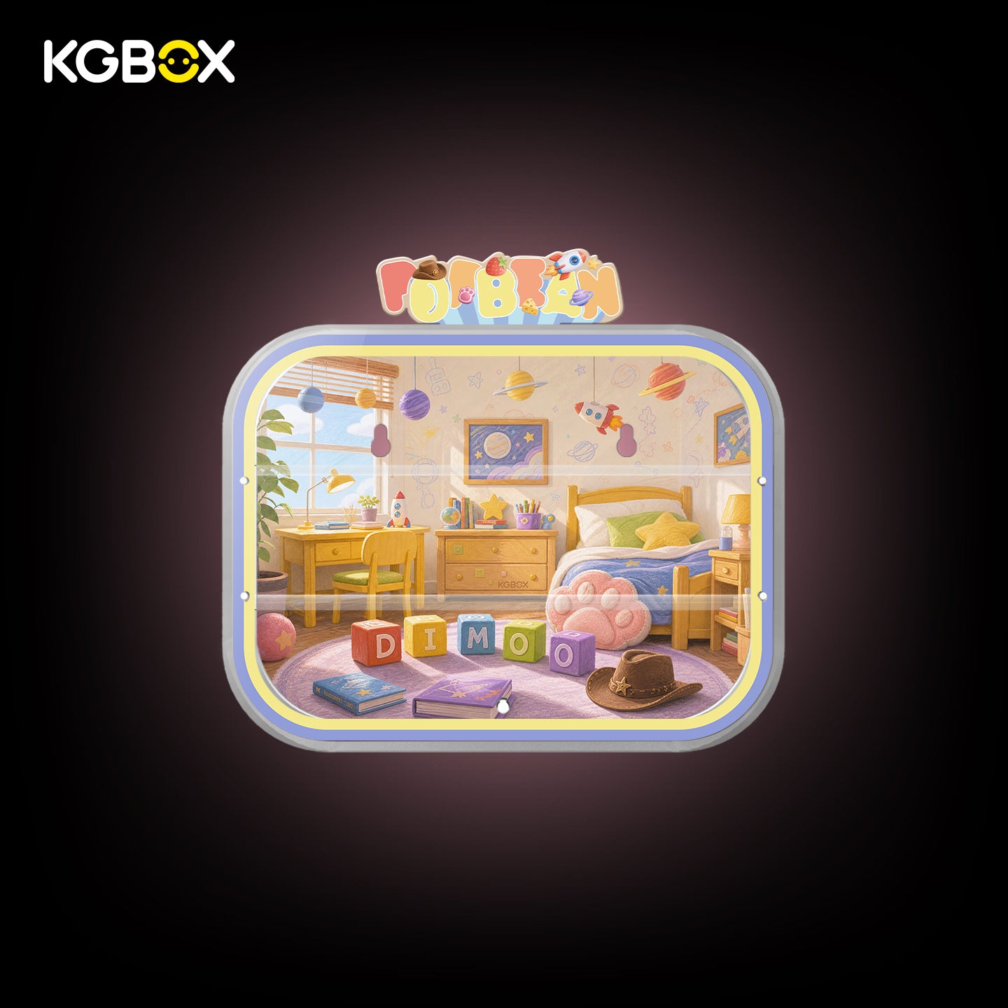 KGBOX wall & tabletop acrylic display case with POP MART DIMOO Pixar Pop Bean, magnetic front panel, custom UV printed Pixar themed backdrop