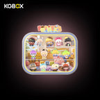 KGBOX wall & tabletop acrylic display case with POP MART DIMOO Pixar Pop Bean mini figures, magnetic front panel, custom UV printed Pixar themed backdrop