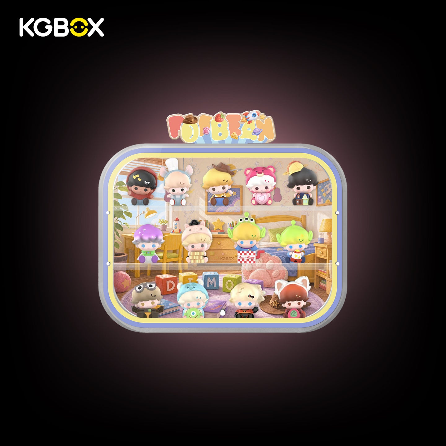 KGBOX wall & tabletop acrylic display case with POP MART DIMOO Pixar Pop Bean mini figures, magnetic front panel, custom UV printed Pixar themed backdrop