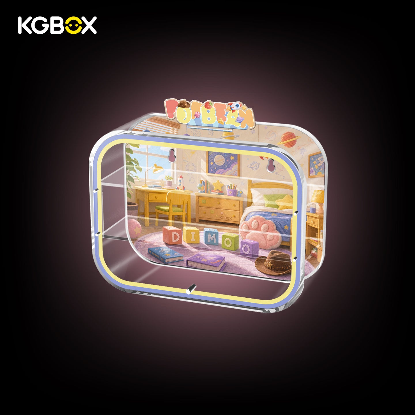 Side view of empty KGBOX acrylic display case for POP MART DIMOO Pixar Pop Bean, dual wall mount and tabletop design