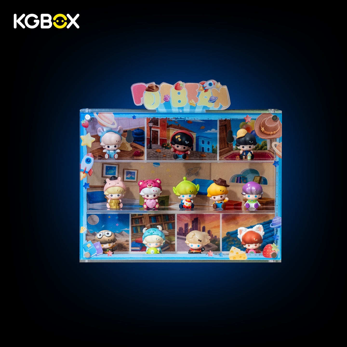 KGBOX modular splicable wall mount acrylic display case for POP MART DIMOO WORLD × PIXAR Pop Bean mini blind box figures, multi-sided UV printing, hidden magnetic front panel