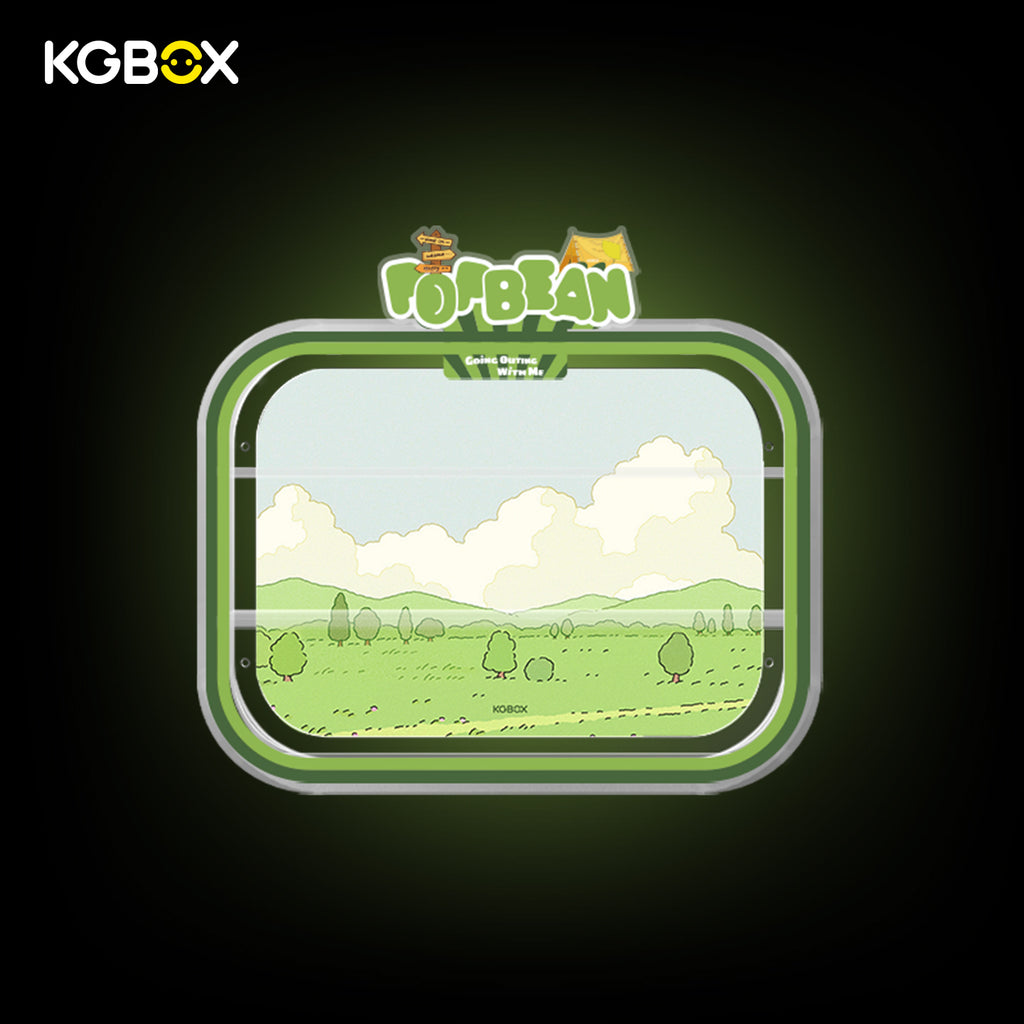 KGBOX wall & tabletop acrylic display case with POP MART Going Outing With Me Pop Bean, magnetic front panel and custom UV printed themed backdrop