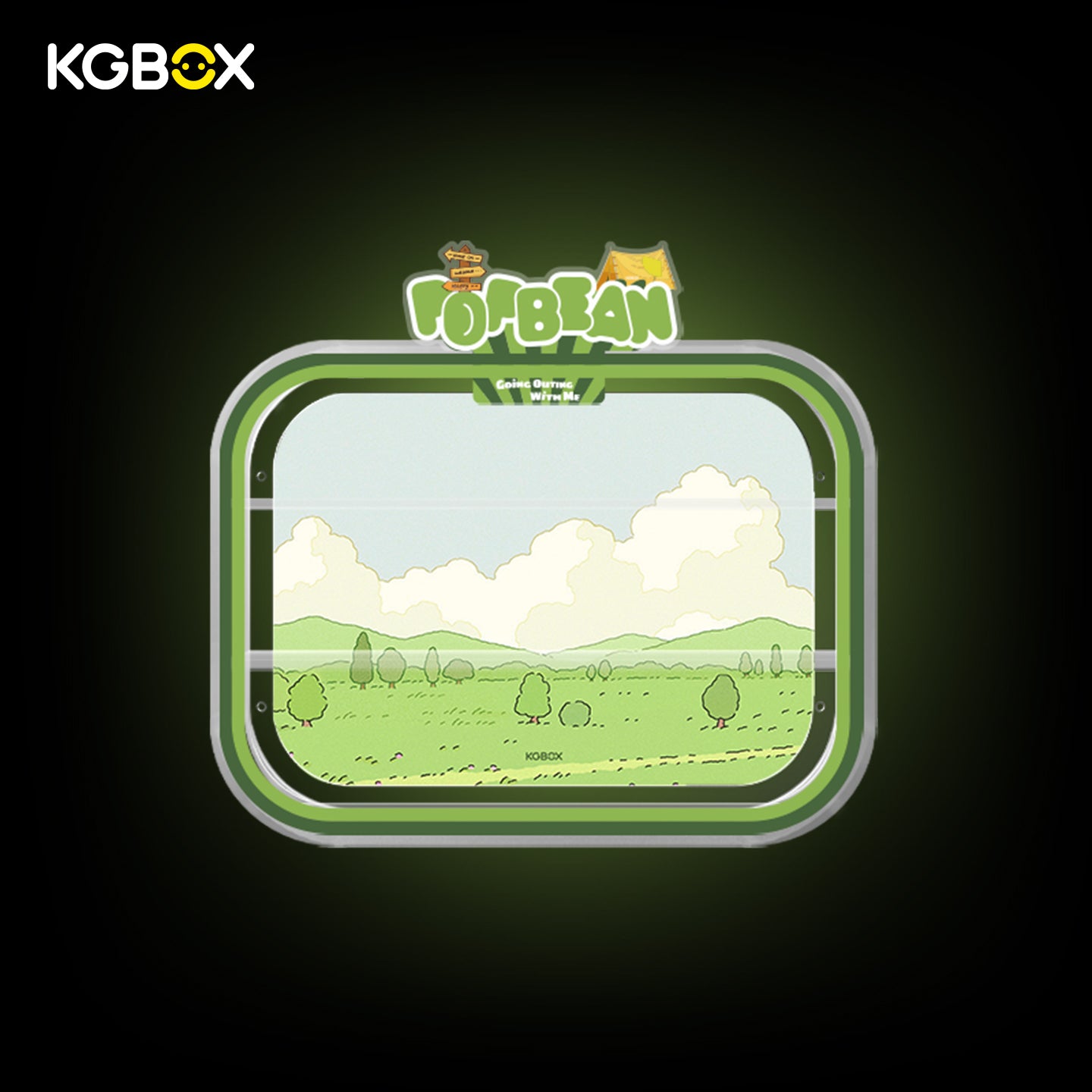 KGBOX wall & tabletop acrylic display case with POP MART Going Outing With Me Pop Bean, magnetic front panel and custom UV printed themed backdrop