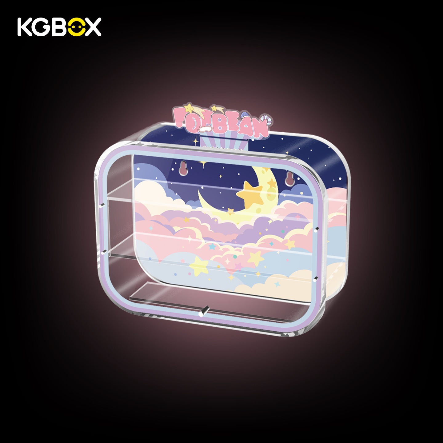 Side view of empty KGBOX acrylic display case for POP MART Goodnight Sky Pop Bean, one-piece no assembly dual wall mount & tabletop showcase