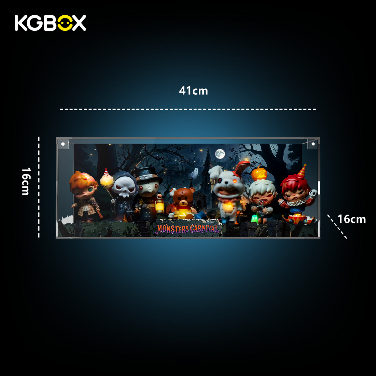 Dimension chart for KGBOX Hirono Monsters' Carnival power‑supply base display case, size specification diagram
