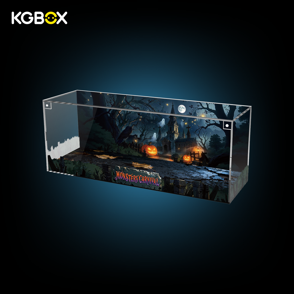 Empty KGBOX showcase for Pop‑Mart Hirono Monsters' Carnival, built‑in power‑supply base, 5‑side UV‑printed panels, figure not included