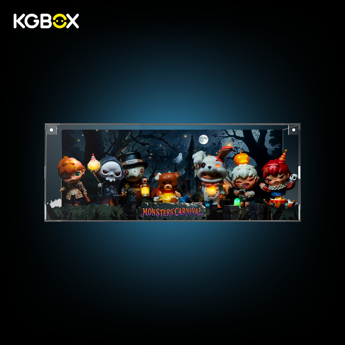 KGBOX display case for Pop‑Mart Hirono Monsters' Carnival with figure installed, built‑in power‑supply base, 5‑side UV‑printed custom scene