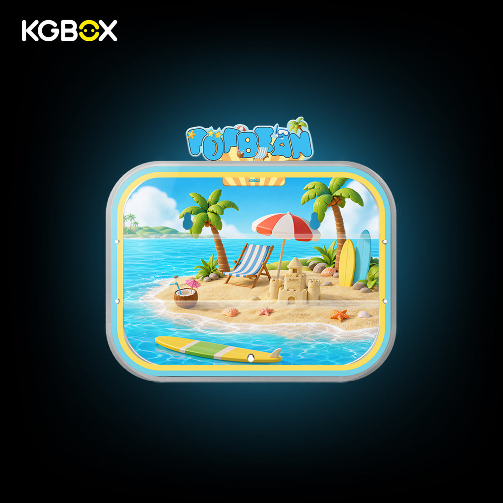 KGBOX wall & tabletop acrylic display case with POP MART Island Vacation Pop Bean, magnetic front panel and custom UV printed themed backdrop