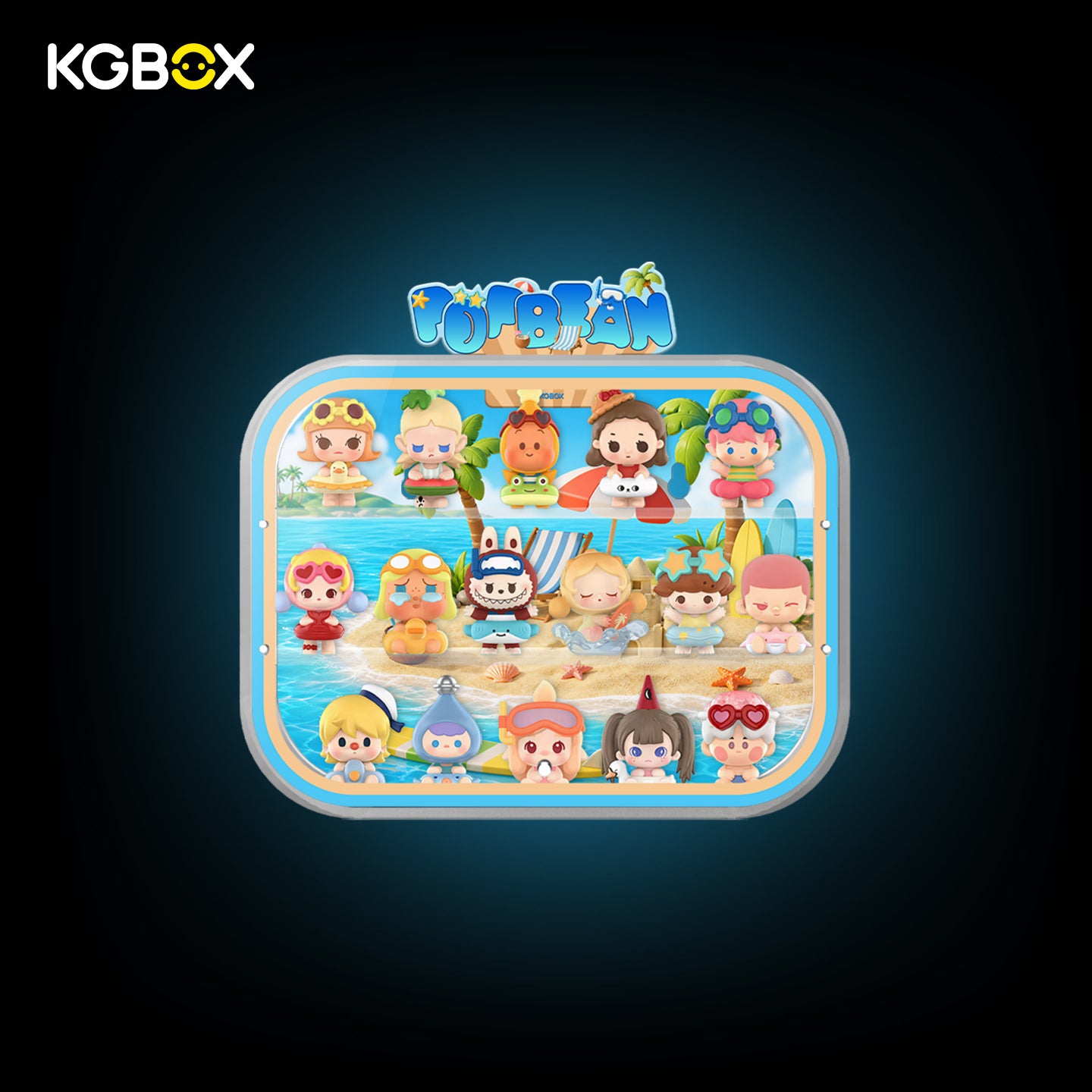 KGBOX wall & tabletop acrylic display case with POP MART Island Vacation Pop Bean mini figures, magnetic front panel and custom UV printed themed backdrop