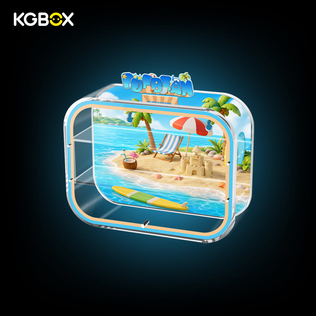 Side view of empty KGBOX acrylic display case for POP MART Island Vacation Pop Bean, dual wall mount and tabletop design