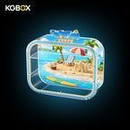 Side view of empty KGBOX acrylic display case for POP MART Island Vacation Pop Bean, dual wall mount and tabletop design