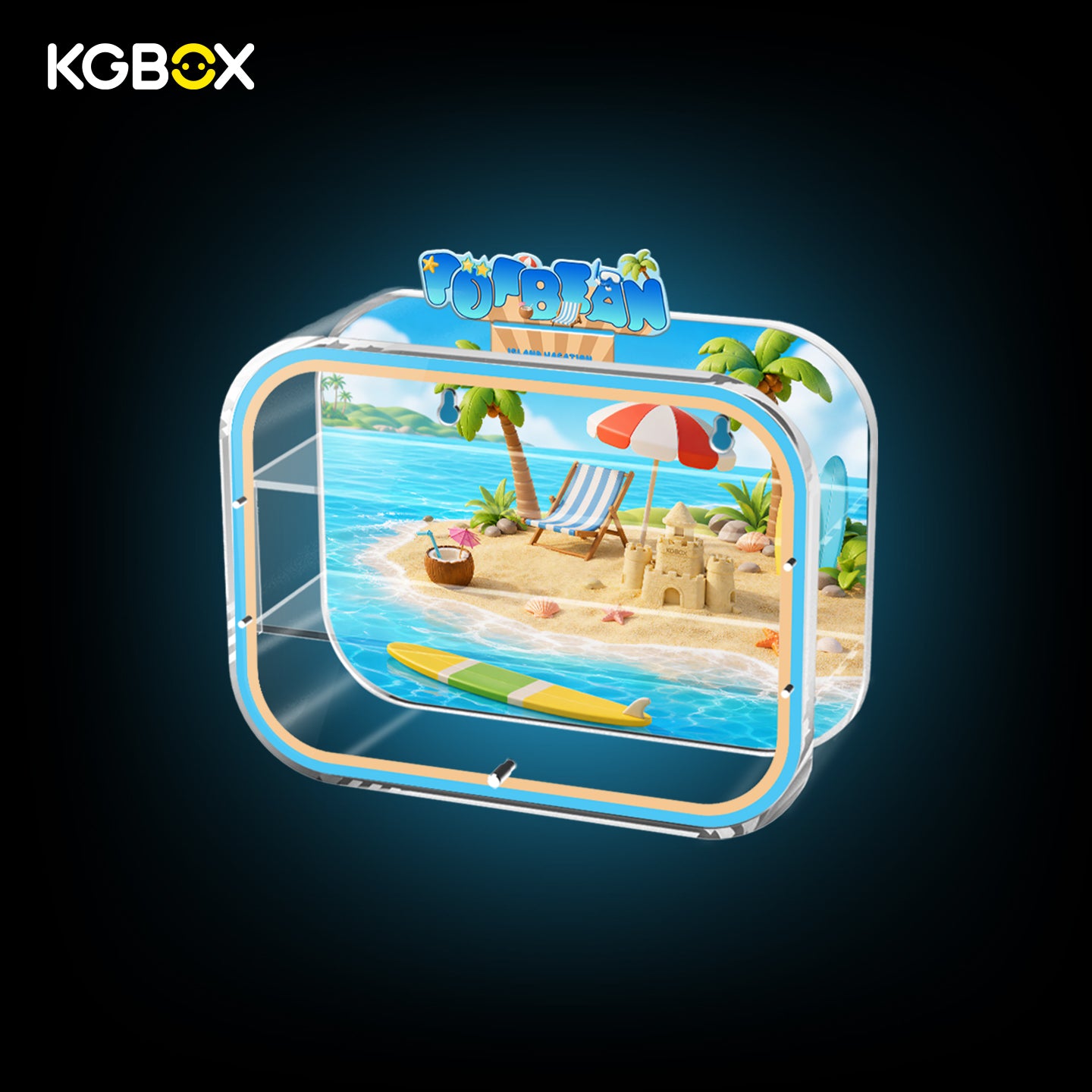 Side view of empty KGBOX acrylic display case for POP MART Island Vacation Pop Bean, dual wall mount and tabletop design