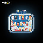 KGBOX wall & tabletop acrylic display case with POP MART Lucky Charm Pop Bean mini figures, magnetic front panel and custom UV printed themed backdrop