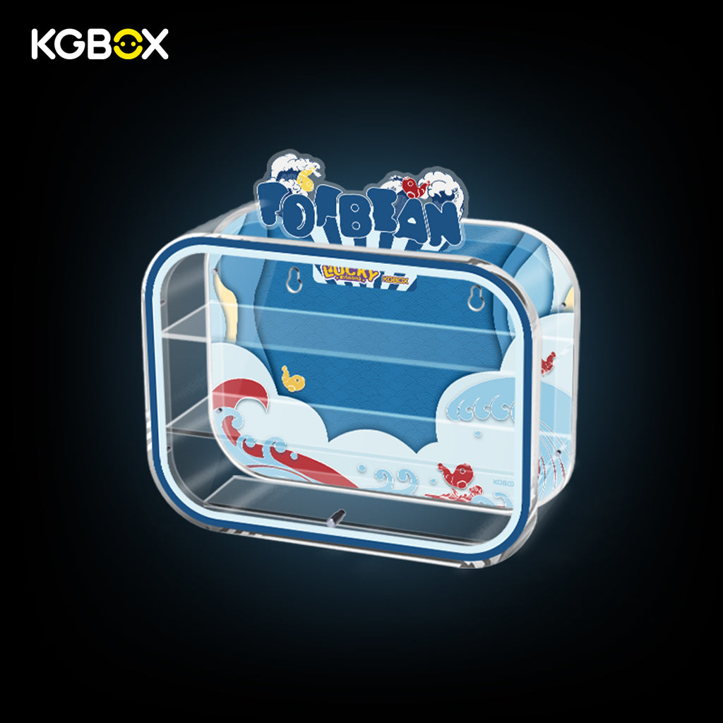 Side view of empty KGBOX acrylic display case for POP MART Lucky Charm Pop Bean, one-piece design for wall mount and tabletop display