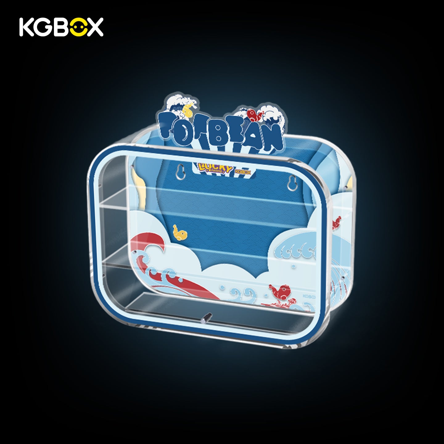 Side view of empty KGBOX acrylic display case for POP MART Lucky Charm Pop Bean, one-piece design for wall mount and tabletop display