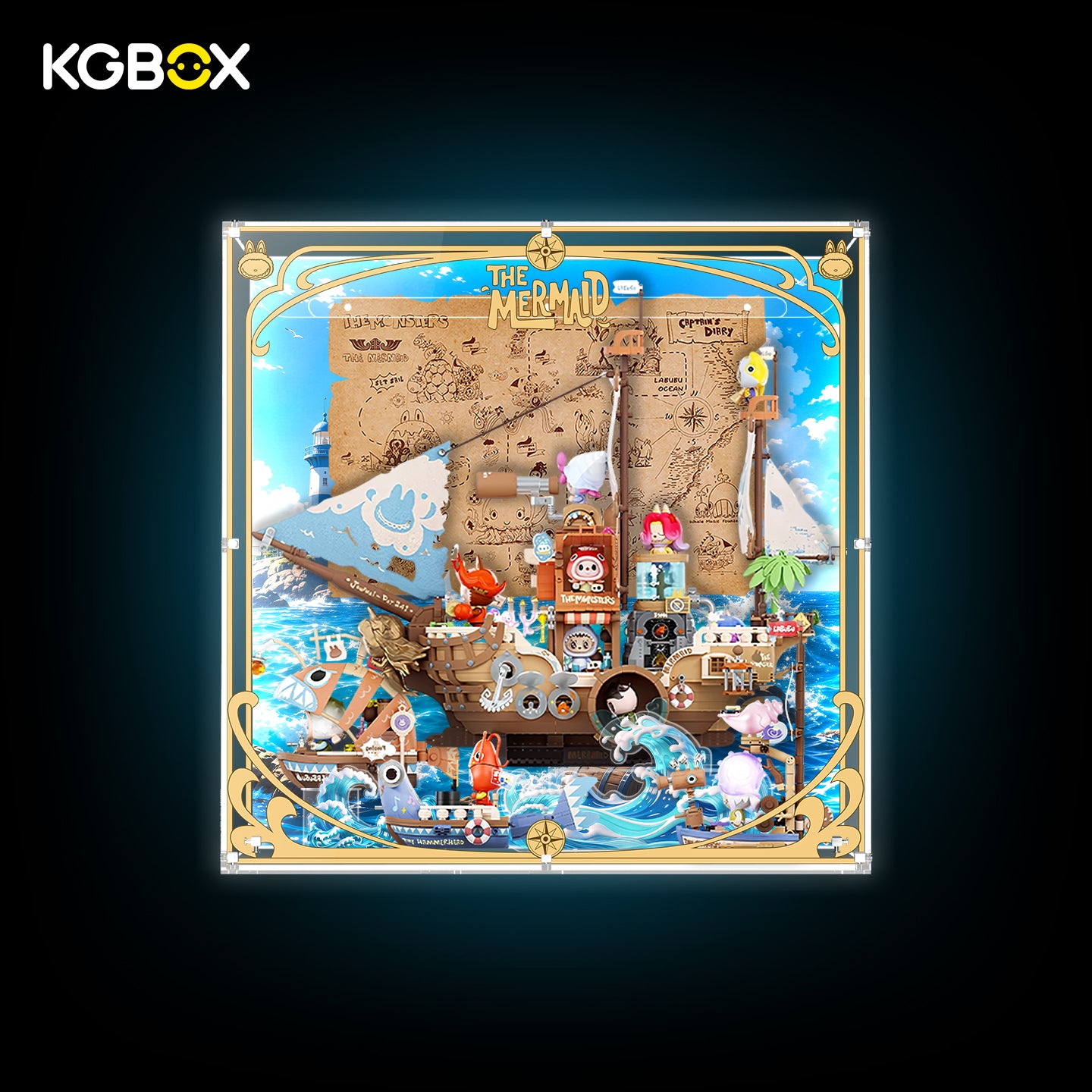 KGBOX reinforced display case with border back-light glowing outer frame, wave panel and display stand for POP MART THE MONSTERS Chasing Mermaids