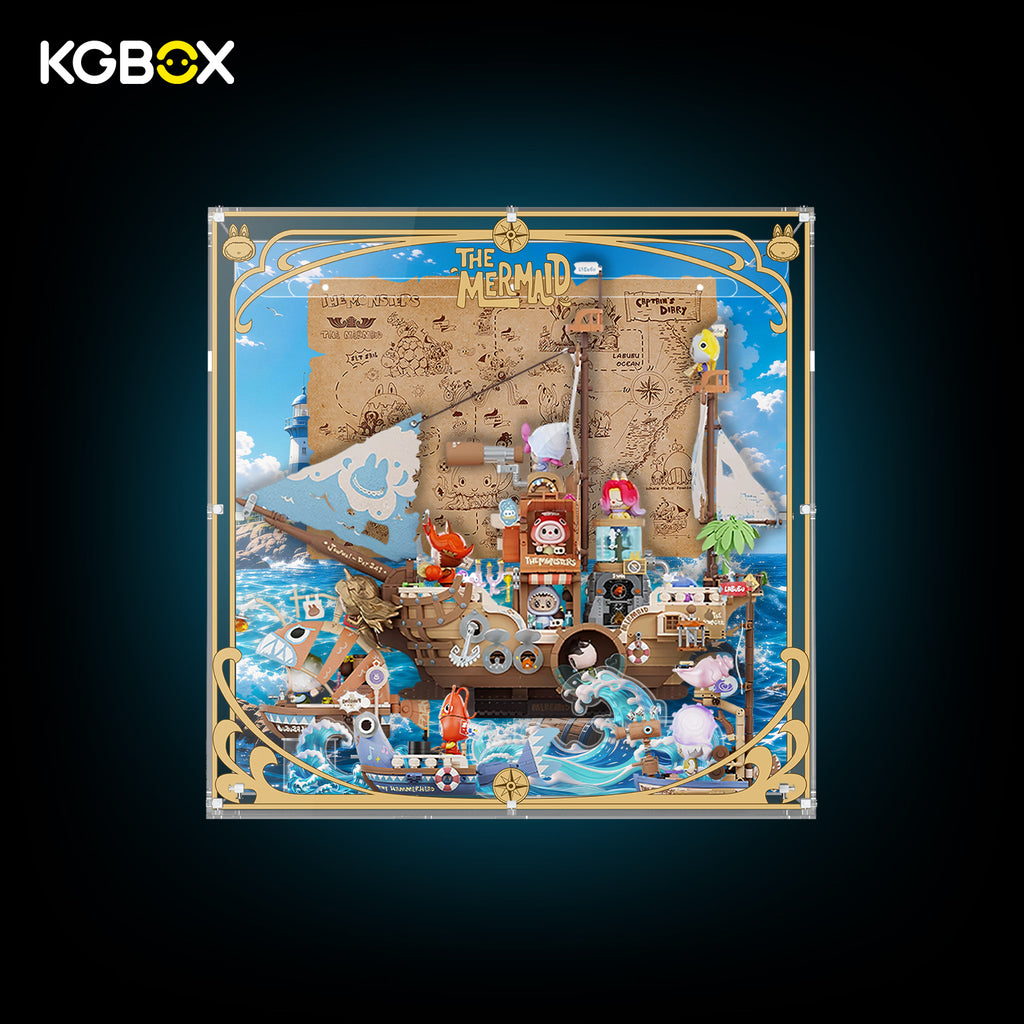 KGBOX reinforced thickened display case with wave decorative panel and figure stand for POP MART Chasing Mermaids, no light version