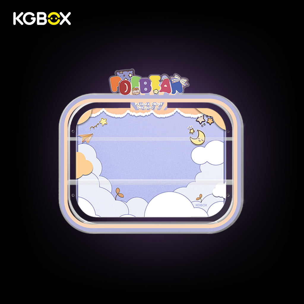 KGBOX wall & tabletop acrylic display case with POP MART Pajama Cross Dressing Pop Bean, magnetic front panel and custom UV printed themed backdrop