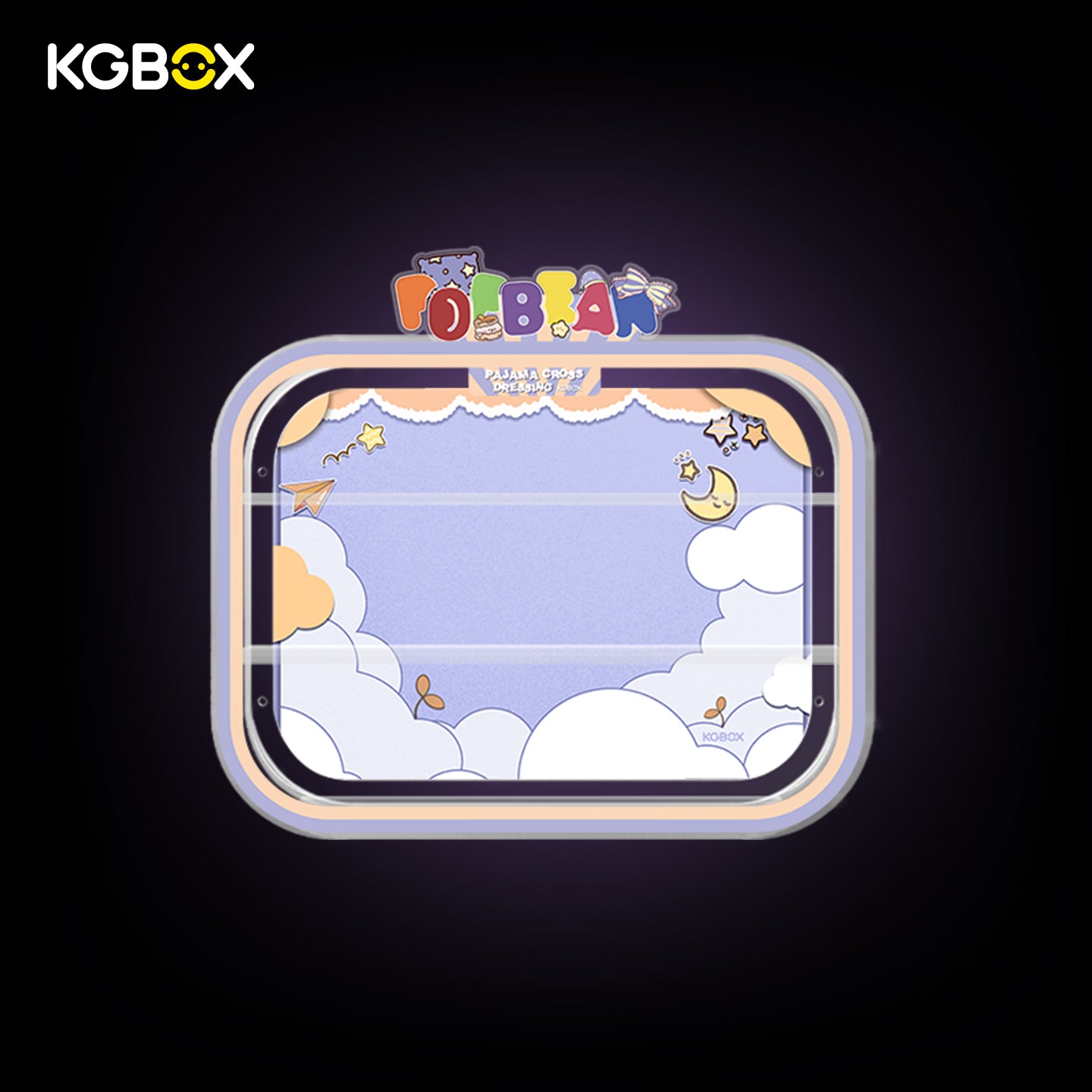 KGBOX wall & tabletop acrylic display case with POP MART Pajama Cross Dressing Pop Bean, magnetic front panel and custom UV printed themed backdrop