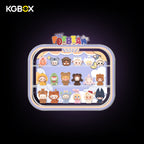 KGBOX wall & tabletop acrylic display case with POP MART Pajama Cross Dressing Pop Bean mini figures, magnetic front panel and custom UV printed themed backdrop