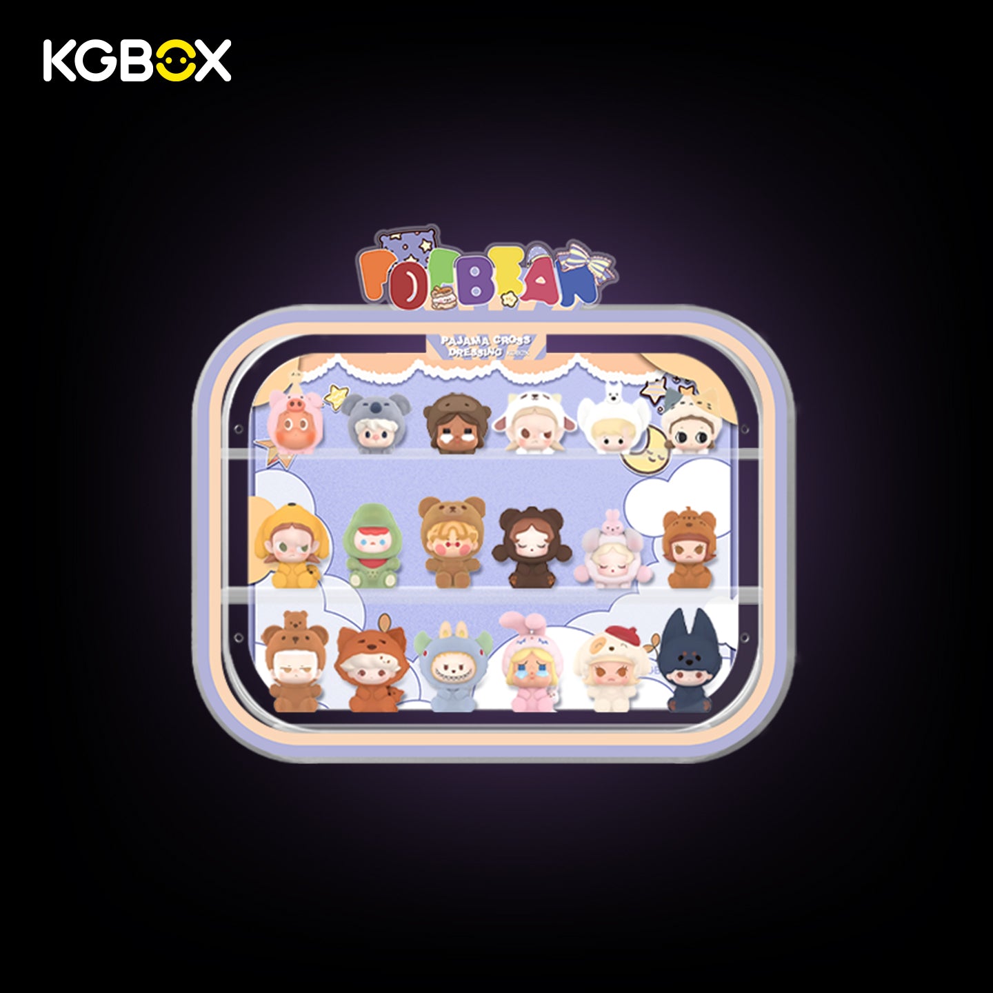 KGBOX wall & tabletop acrylic display case with POP MART Pajama Cross Dressing Pop Bean mini figures, magnetic front panel and custom UV printed themed backdrop