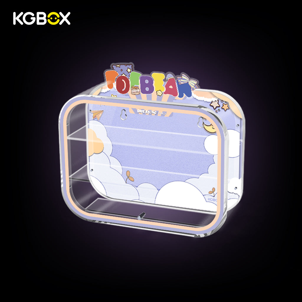 Side view of empty KGBOX acrylic display case for POP MART Pajama Cross Dressing Pop Bean, one-piece design for wall mount and tabletop display