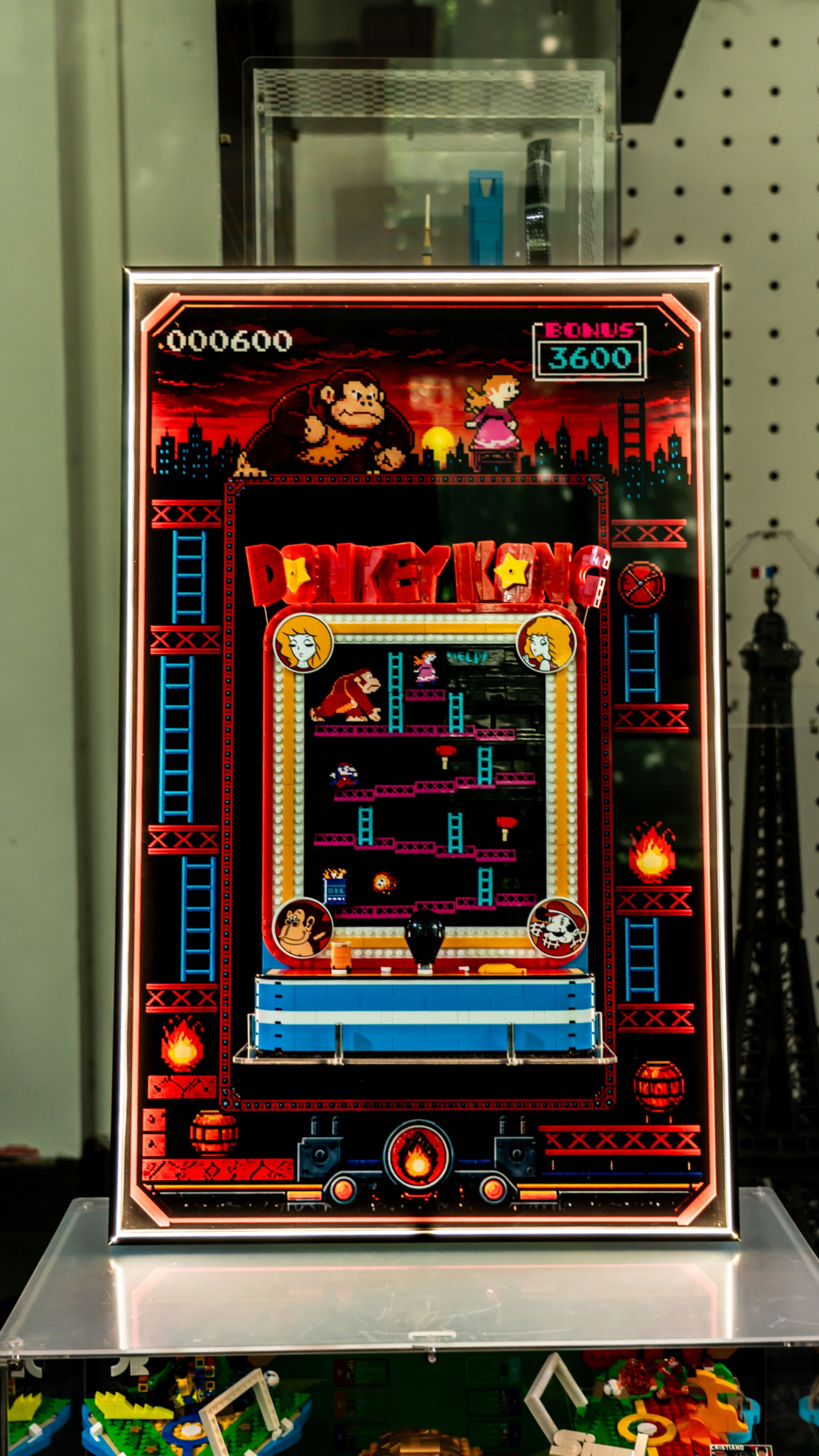 KGBOX wall‑mount display frame showcase video for LEGO 72051 Donkey Kong Arcade